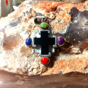Sterling Silver Onyx, Lapis, Turquoise, Ruby And Red Coral Stone Cross Pendant